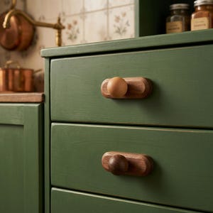 Puede incluir: Dos pomos de madera para cajones montados en un armario verde. Cada pomo presenta una placa base ovalada horizontal de madera oscura con un tirador esf&eacute;rico de madera centrado. El tirador superior es marr&oacute;n claro y el inferior es marr&oacute;n oscuro.