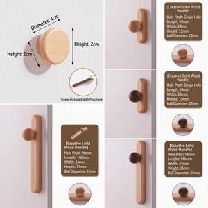 May include: A collection of light and dark solid wood cabinet knobs and handles with spherical designs. Dimensions are provided in millimetres, including a 4cm diameter knob and various handle lengths of 69mm and 140mm. A metal screw is included with each purchase.