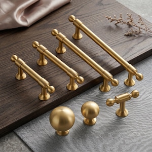 Brushed Gold Cabinet Handles and Knobs Set, Brass Drawer Pulls, Modern Kitchen Hardware, Round Dresser Knobs, Wardrobe Pulls
