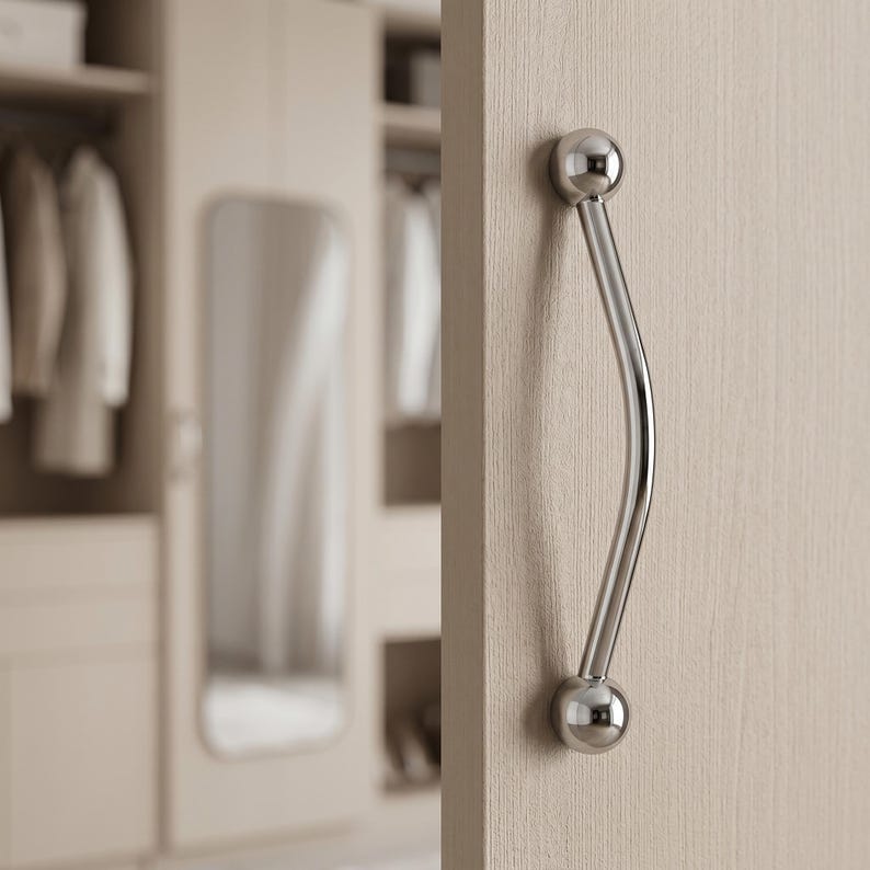 Skåpshandtag och knoppar i polerat silver, Kromade lådhandtag, Moderna köksbeslag, Kulknoppar, Garderobshandtag bild 4