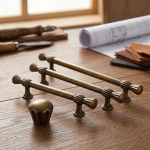 Vintage Antique Brass Cabinet Handles and Knob Set, Ribbed T Bar Drawer Pulls, Kitchen Wardrobe Hardware, Furniture Pulls 96 128 192mm
