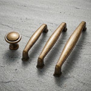 Antique Brass Cabinet Handles and Round Knob, Vintage Drawer Pulls, Rustic Kitchen Hardware, Farmhouse Dresser Pulls Set