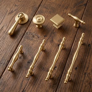 Brushed Gold Cabinet Handles and Knobs Set, Brass Drawer Pulls, Vintage Kitchen Hardware, Round Square Dresser Knobs, Wardrobe Pulls