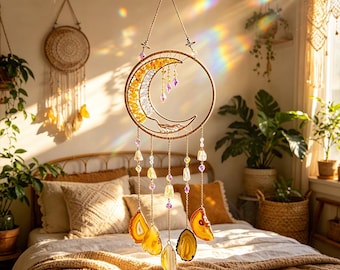 Yellow Agate Moon Suncatcher Rainbow Maker Sun Catcher Crystal Handmade DecorCitrine & Clear Quartz Wind Chime Boho Wall Hanging Decor Gift