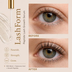 Könnte beinhalten: LashForm Peptid Wimpernserum mit Pipette, Vorher-Nachher-Fotos von Augen und Text: Nourish, Strength, Grow, With Biotin + Hyaluronic Acid + Growth Peptides auf beigem Hintergrund, das die Anwendung des Produkts darstellt.