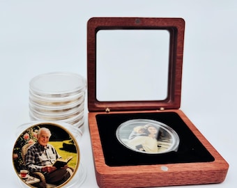 Custom Double-Sided Photo Coin with Wooden Box – Memorial Keepsake, Engraved Picture Text