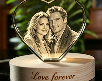 Personalized Heart Crystal Photo Lamp, Custom Engraved LED Keepsake, Anniversary Gift