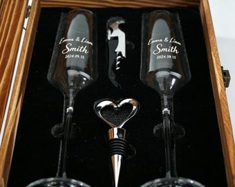 Personalized Champagne Flutes Set with Wooden Box | Custom Engraved Wedding Gift