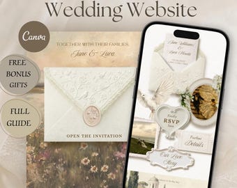 May include: A digital wedding website template displayed on a smartphone screen, featuring an invitation with an embossed envelope, a wax seal, and various sections labelled RSVP, Our Love Story, and Further Details, set against a floral background.