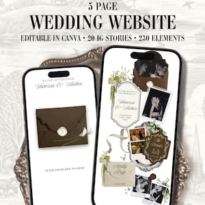 May include: Two smartphones displaying a 5-page wedding website template. The screens show a brown envelope with a wax seal, floral graphics, photo frames, and text including A LOVE LETTER FROM VANESSA & ARCHER and CLICK ENVELOPE TO OPEN.