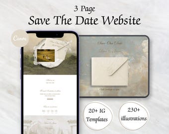 May include: A digital 3-page Save The Date website template displayed on a smartphone and tablet screen. The design features a cream-coloured envelope, a photograph of a couple in a field, and text including 20+ IG Templates and 230+ illustrations.