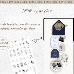 May include: A digital design template featuring the text Make it your Own and Utilise the handpicked canva illustrations & elements to personalise your design. It includes a sheet of 230+ Handpicked illustrations and a collection of wedding stationery.
