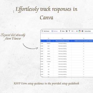 May include: A digital spreadsheet interface displaying RSVP data with columns for names, attendance, guest counts, and meal choices. Text reads: Effortlessly track responses in Canva, Export list directly from Canva, and RSVP Form setup guidance in the provided setup guidebook.