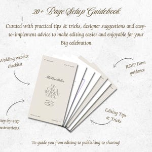 May include: A 20+ page setup guidebook with a beige cover featuring the text TheVeraAtelier DIY CANVA WEBSITE GUIDE. The guide includes sections for a wedding website checklist, RSVP form guidance, step-by-step instructions, and editing tips.
