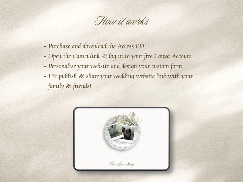 May include: A digital instruction guide titled How it works with four steps for downloading a PDF, accessing a Canva link, personalising a website, and publishing. Below, a tablet displays a graphic with two polaroid photos and the text Our Love Story.