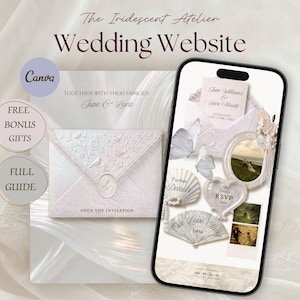 May include: A digital wedding website template displayed on a smartphone screen, featuring soft pink and white floral motifs, butterfly graphics, and seashell accents. The interface includes sections for RSVP, our love story, and event details.