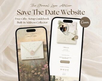 May include: Two smartphones display a digital Save The Date website template. The screens show an elegant envelope design with floral motifs, a wax seal, and a photo placeholder. Text includes The Eternal Love Atelier and Open The Invitation.