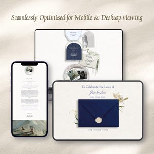 May include: A digital wedding invitation suite displayed on a smartphone, a tablet, and a laptop screen. The screens show a dark blue envelope with a wax seal, floral illustrations, and text reading To Celebrate the Love of June & Luca.