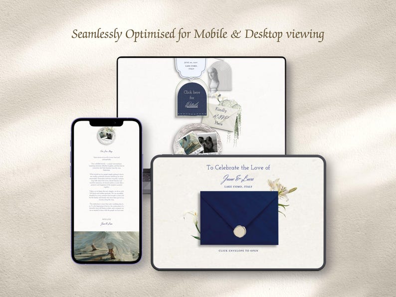 May include: A digital wedding invitation suite displayed on a smartphone, a tablet, and a laptop screen. The screens show a dark blue envelope with a wax seal, floral illustrations, and text reading To Celebrate the Love of June & Luca.