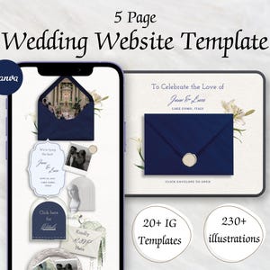 May include: A 5-page wedding website template displayed on a smartphone and tablet screen. The design features navy blue envelopes, white floral illustrations, and text including To Celebrate the Love of June & Luca Lake Como, Italy.