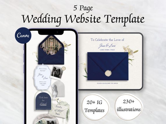 Navy Blue Luxury Wedding Website Template, Elegant Minimal Canva Site Invitation (Digital Download)