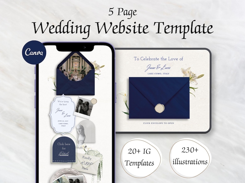 May include: A 5-page wedding website template displayed on a smartphone and tablet screen. The design features navy blue envelopes, white floral illustrations, and text including To Celebrate the Love of June & Luca Lake Como, Italy.