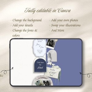 May include: A digital tablet screen displaying a customisable wedding invitation template in Canva. The screen shows text including Fully editable in Canva, Change the background, Add your own photos, Add your details, Swap your illustrations, Change the fonts & colours, And More, from this, to this, We're tying the knot, Click here for Details, and Kindly RSVP Here.