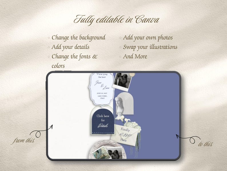 May include: A digital tablet screen displaying a customisable wedding invitation template in Canva. The screen shows text including Fully editable in Canva, Change the background, Add your own photos, Add your details, Swap your illustrations, Change the fonts & colours, And More, from this, to this, We're tying the knot, Click here for Details, and Kindly RSVP Here.