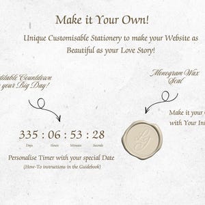 May include: A digital display showing a countdown timer with the text 335 : 06 : 53 : 28 and labels for Days, Hours, Minutes, and Seconds. Next to it is a beige circular wax seal with embossed initials. Text includes Make it Your Own, Editable Countdown to your Big Day, Monogram Wax Seal, and Personalise Timer with your special Date.
