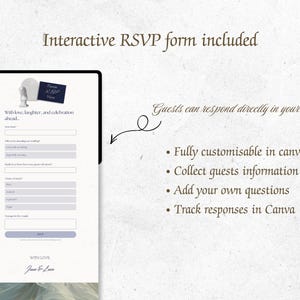 May include: A digital template for an interactive RSVP form featuring fields for guest names, attendance status, meal choices, and a message box. The design includes the text Interactive RSVP form included, Guests can respond directly in your website, Fully customisable in canva, Collect guests information, Add your own questions, and Track responses in Canva.