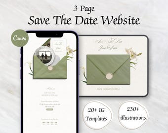 May include: A digital 3-page Save The Date website template featuring a sage green envelope with a wax seal, floral illustrations, and text including 3 Page Save The Date Website, 20+ IG Templates, and 230+ illustrations on a mobile and tablet screen.