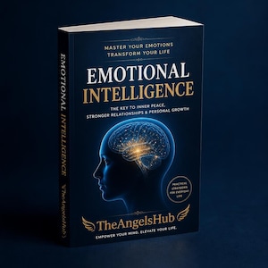 May include: A dark blue book titled Emotional Intelligence with the subtitle Master Your Emotions Transform Your Life. The cover features a glowing human head silhouette with a luminous brain graphic and the text TheAngelsHub at the bottom.