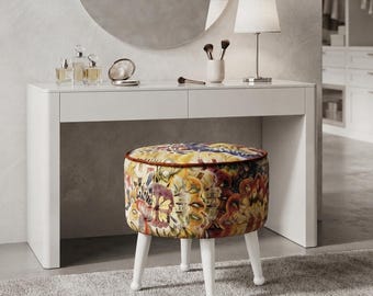 Handgefertigter Schminkhocker mit floral gemustertem, gepolstertem Sitz, Beinen aus Naturholz, moderner Schminkhocker, Schlafzimmeraccessoire, EU-zertifiziert