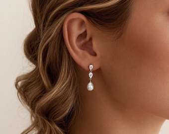 Boucles d'oreilles en perles d'eau douce naturelles, Boucles d'oreilles de mariée en argent sterling 925, Boucles d'oreilles pendantes en perles de CZ, Cadeau de demoiselle d'honneur, Fête des Mères