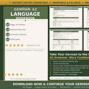 Cahier d'exercices d'allemand A2 au format PDF | 33 fiches de grammaire - Notions de base (anglophones) par un professeur d'allemand