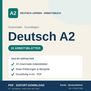 German A2 Workbook (PDF) | 33 Grammar Worksheets - Basic Knowledge (for English Speakers) by a German Teacher