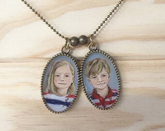 Custom Hand painted necklace with your children .Two pendants.