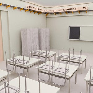 May include: An empty classroom with white desks and chairs stacked on top. A toy train runs along the ceiling. There are two wooden cabinets and a whiteboard with a green border. The walls are a light green color.