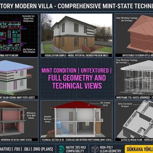 May include: A digital rendering of a modern two-story villa with technical views. The image includes architectural plans, isometric views, and detailed sections. Text on the image reads "MINT CONDITION | UNTEXTURED | FULL GEOMETRY AND TECHNICAL VIEWS."