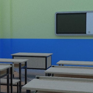May include: A classroom setting with multiple desks and a large screen. The desks have light-colored tops and dark metal legs. The walls are painted in blue and green, with a window on the left side.