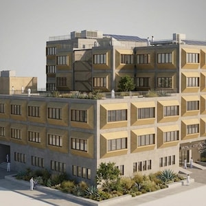 May include: Architectural rendering of a multi-story building with a modern design. The building features a combination of concrete and tan-colored facade elements, with numerous windows and a flat roof. The building has a sign that reads "The Riverfront Community Hospital".