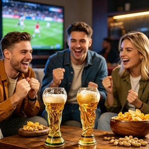 May include: Two clear glass beer mugs shaped like football trophies, each filled with golden beer and white foam. The mugs feature a textured football pattern at the top and a green base, sitting on a wooden table with bowls of snacks.