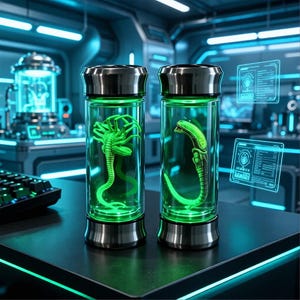 May include: Two cylindrical glass containers with metallic caps and bases, each filled with a glowing green liquid. The left container holds a multi-legged creature, while the right container holds a curved, segmented organism with a smooth head.