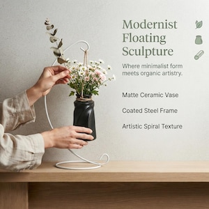 Hanging Twisted Ceramic Vase With Curved Iron Stand, Minimalist Tabletop Flower Vase, Modern Home Decor Hydroponic Plant Pot