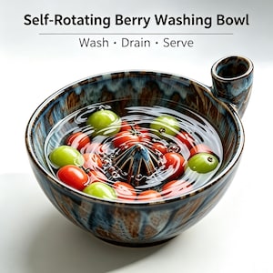 Self Spinning Ceramic Berry Washing Bowl, Vortex Fruit Rinser Colander, Drainable Fruit Serving Bowl, Kitchen Counter Fruit Bowl