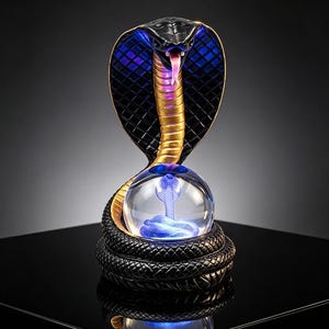 以下が含まれることがあります： 黒と金の質感のある体と広がったフードが特徴のコブラの装飾彫刻。蛇は透明なガラス球に巻き付いており、その中には紫と青の光で照らされた、小さく光る青いコブラのフィギュアが入っています。