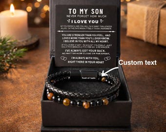 Personalized Leather Bracelet for Son – Custom Engraved Gift from Mom, Meaningful Love Message Bracelet, Birthday Gift for Him