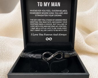 Personalised Name Leather Bracelet For Man, To My Man – Infinity ‘Love You Forever’ Bracelet, Engraved Names Jewelry, Soulmate Gift