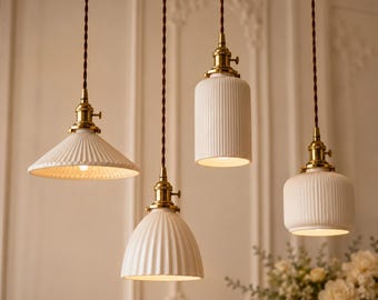 Modern Japandi Ceramic Pendant Light Brass Hanging Lamp for Kitchen Island Dining Room Minimalist Ceiling Lighting Decor