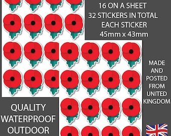 Poppy Remembrance Day Stickers 45x43mm On Sheets